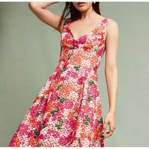 Monique Lhuillier Pink Floral Fit Flare Dress‎ V Neck Size 10 Anthropologie FLAW